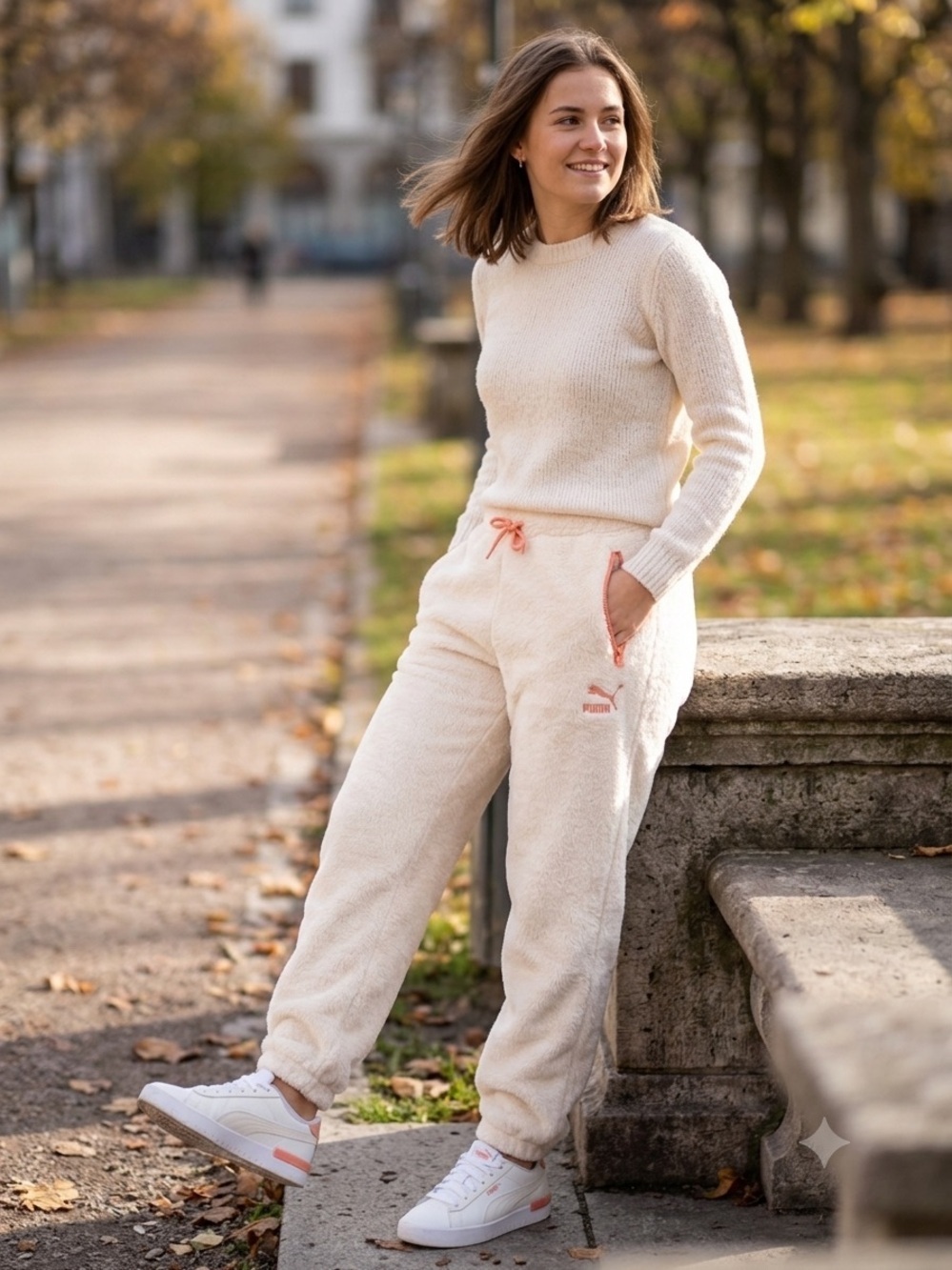 Puma  Cream Cuddle Faux Fur Slim Jogger Pants .